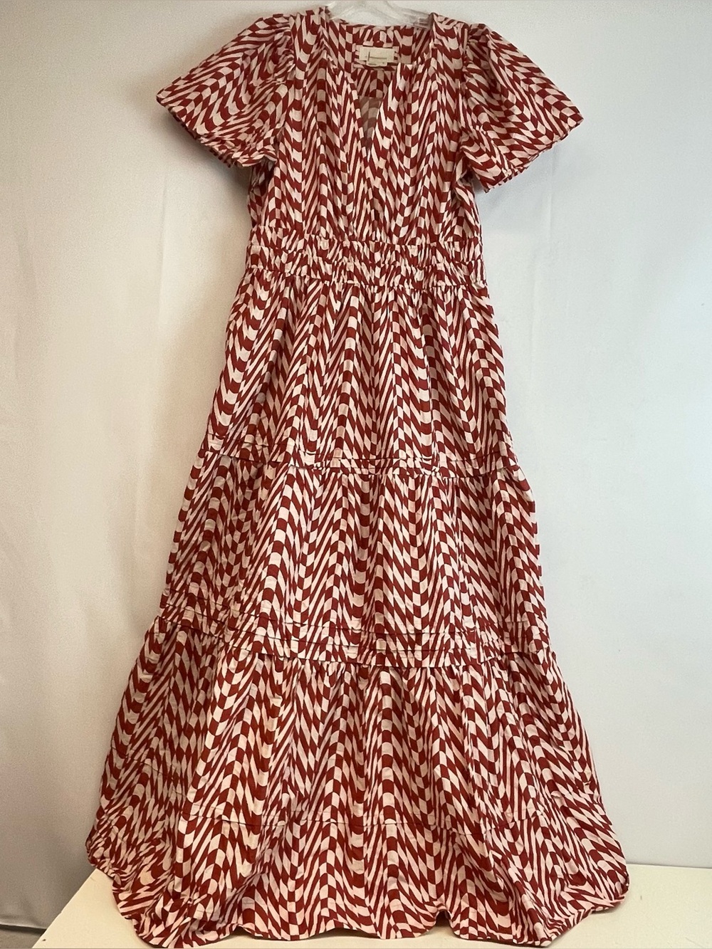 Anthropologie Rust and Ivory Geometric Patterned Tiered Maxi Dress - Women's M